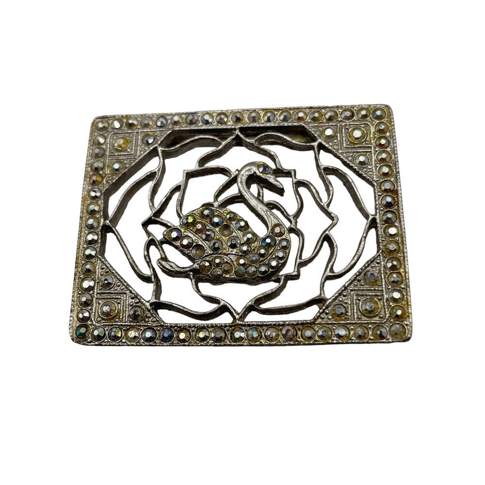 Vintage Open Work Floral Swan Rhinestone Brooch Pin Rectangle MISSING STONES‎